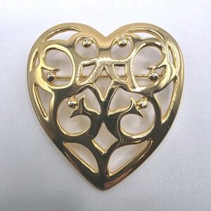 Filigree Heart Brooch Gold Tone Classic Estate Pin